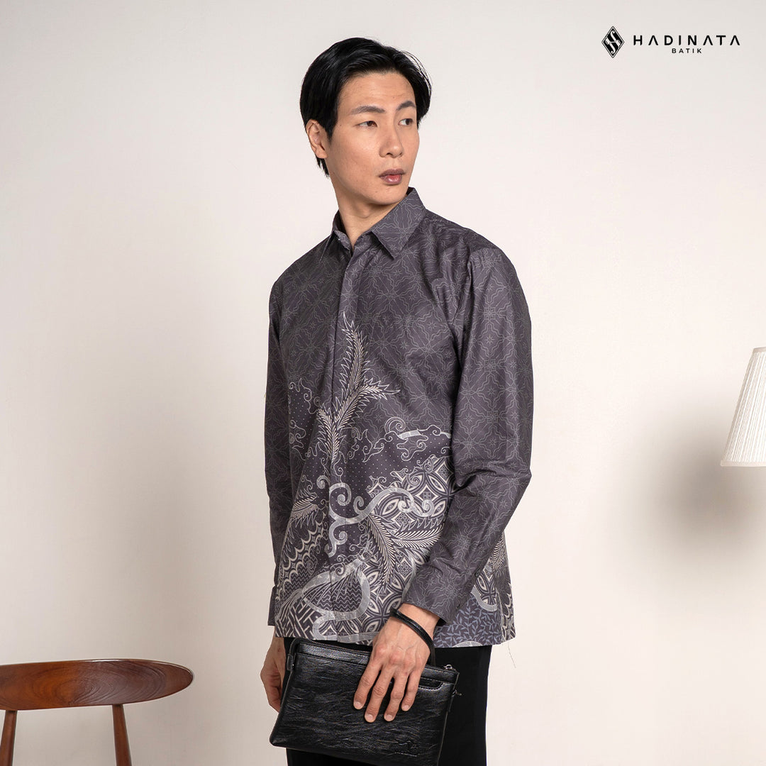 Hadinata Batik Premium Kemeja Batik Pria Lengan Panjang Superfine Furing Datura Grey