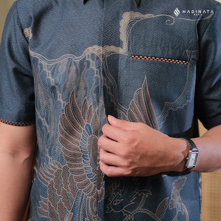 Hadinata Embroidery Batik Kemeja Pendek Dobby Wirapaksa Navy