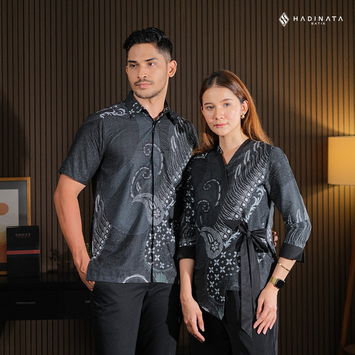 Hadinata Batik Sarimbit Set Batik Couple Deswan Black - Kemeja Pendek & Blouse
