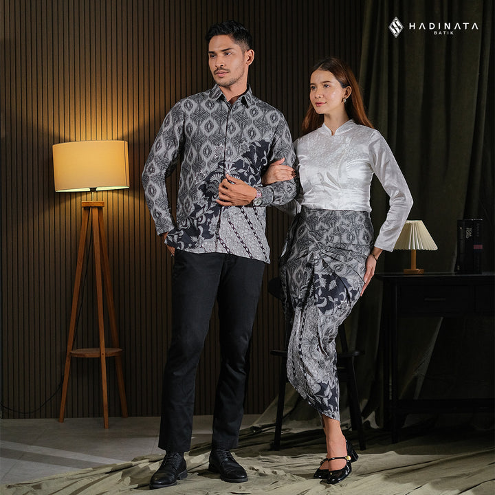 Hadinata Batik Sarimbit Set Batik Couple Vardhana Black - Kemeja Panjang Dobby Furing & Rok Lilit