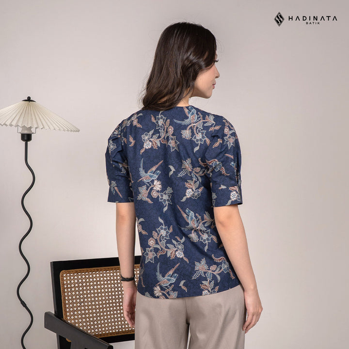 Hadinata Batik Premium Blouse Batik Wanita Lengan Pendek Superfine Rinanti Navy