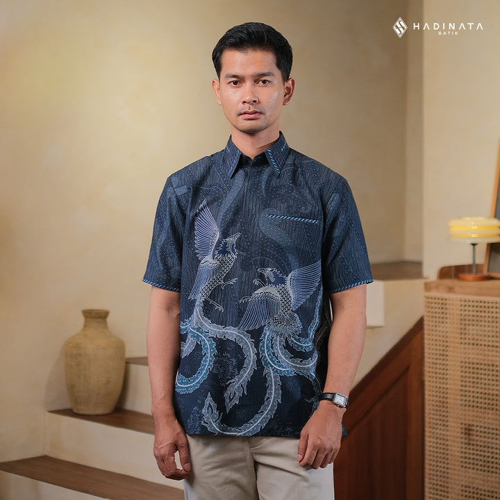 Hadinata Embroidery Batik Kemeja Pendek Dobby Aarush Navy