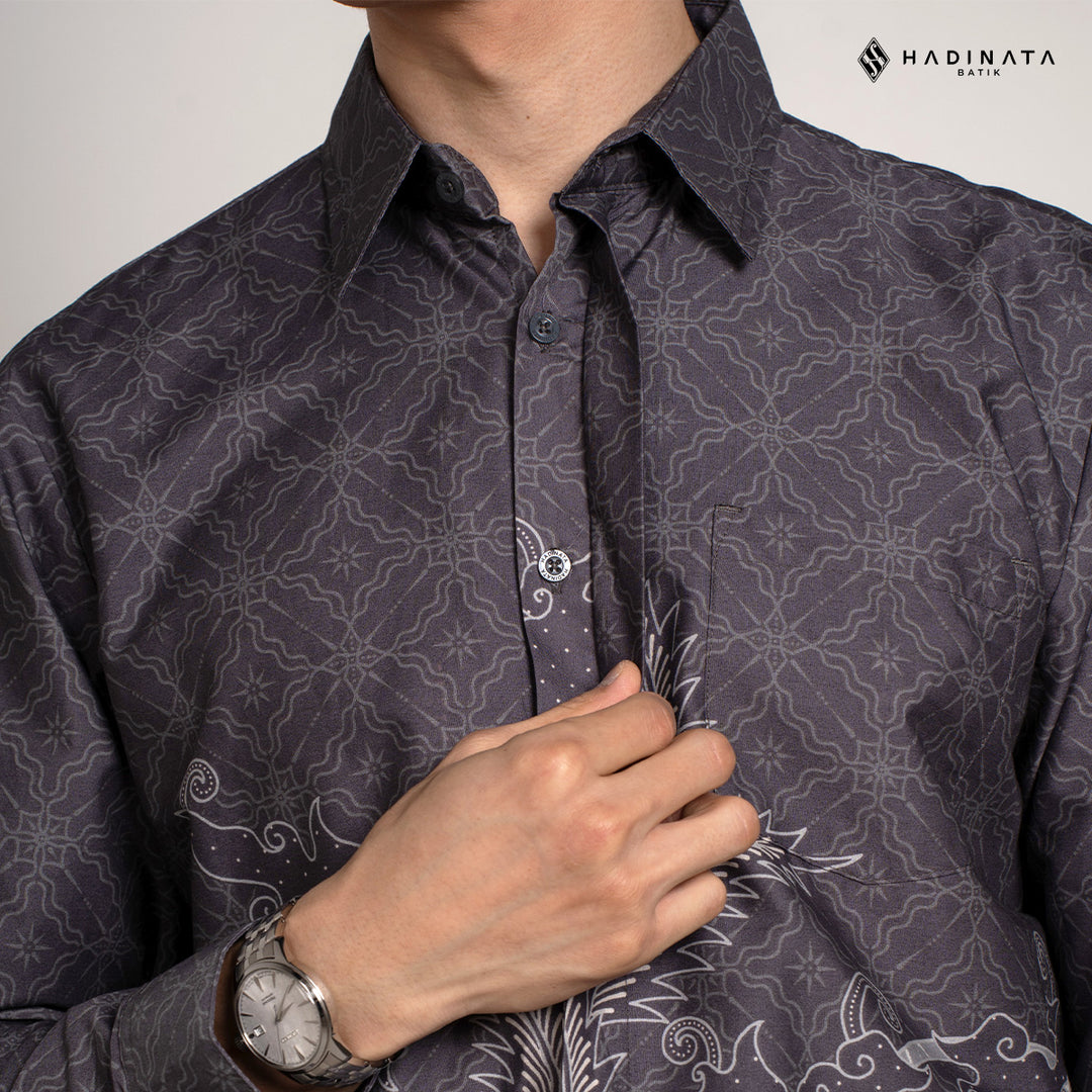 Hadinata Batik Premium Kemeja Batik Pria Lengan Panjang Superfine Furing Datura Grey