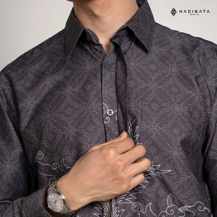 Hadinata Batik Premium Kemeja Batik Pria Lengan Panjang Superfine Furing Datura Grey
