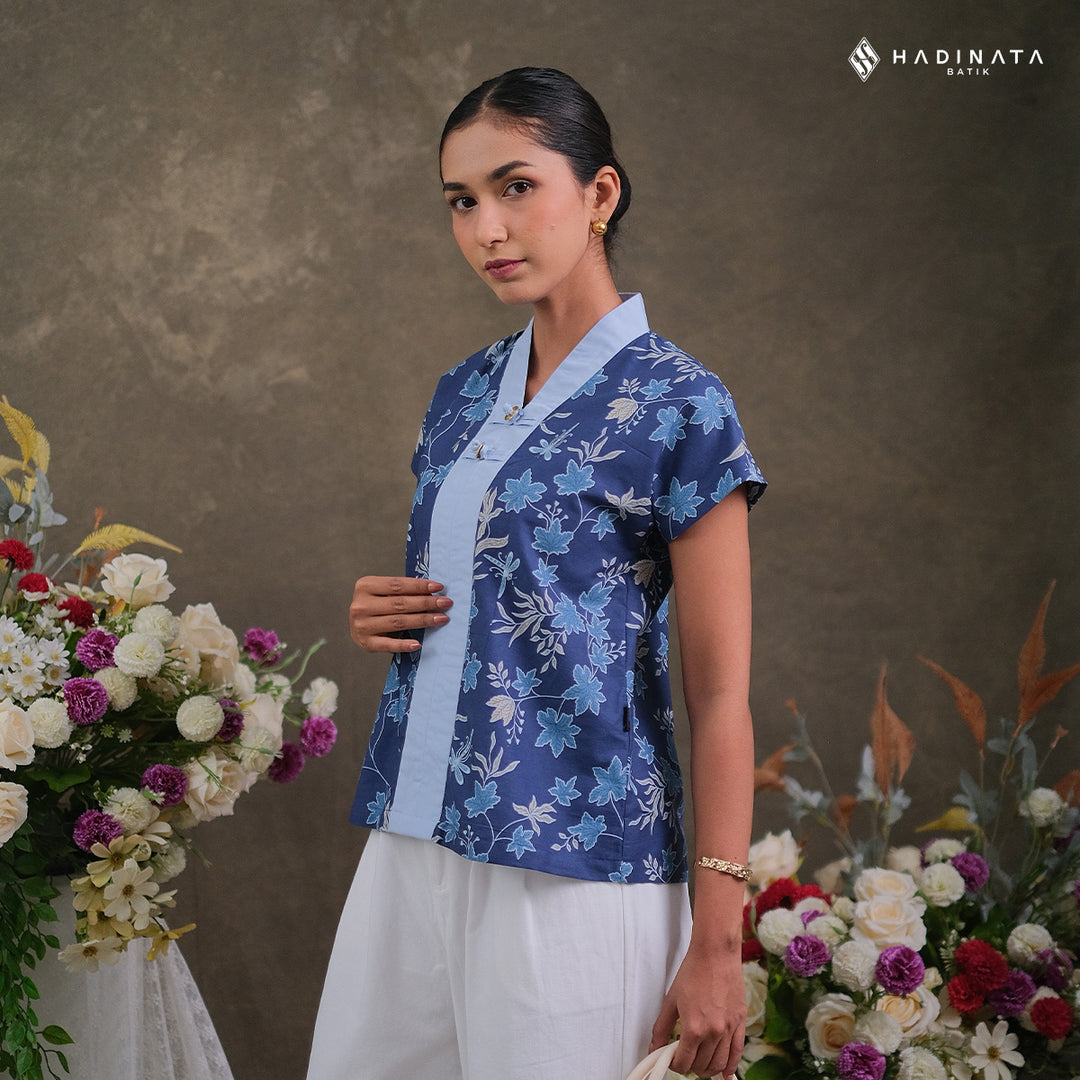 Hadinata Batik Premium Blouse Batik Wanita Lengan Pendek Superfine Vidalea Navy