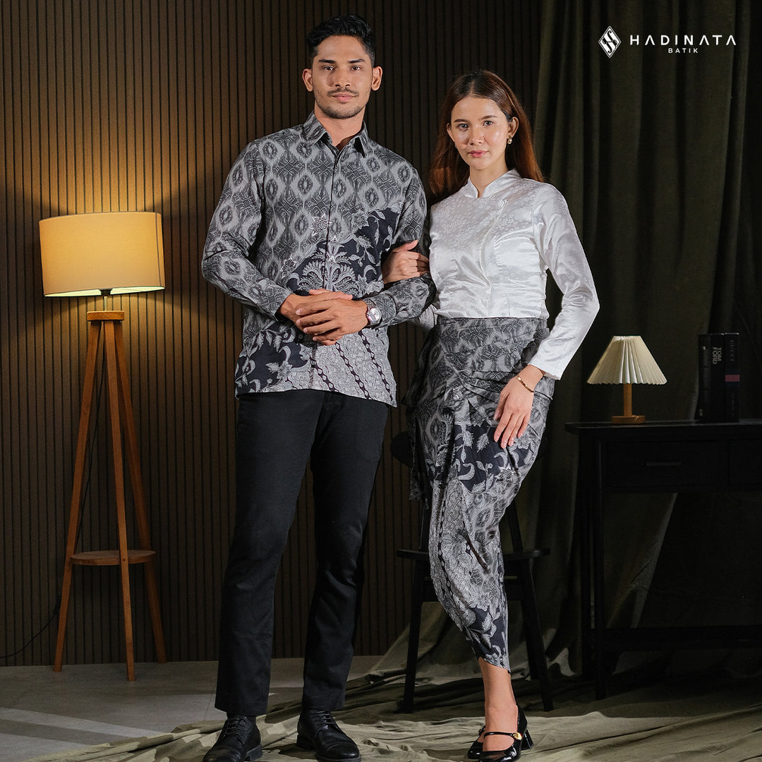 Hadinata Batik Sarimbit Set Batik Couple Vardhana Black - Kemeja Panjang Dobby Furing & Rok Lilit