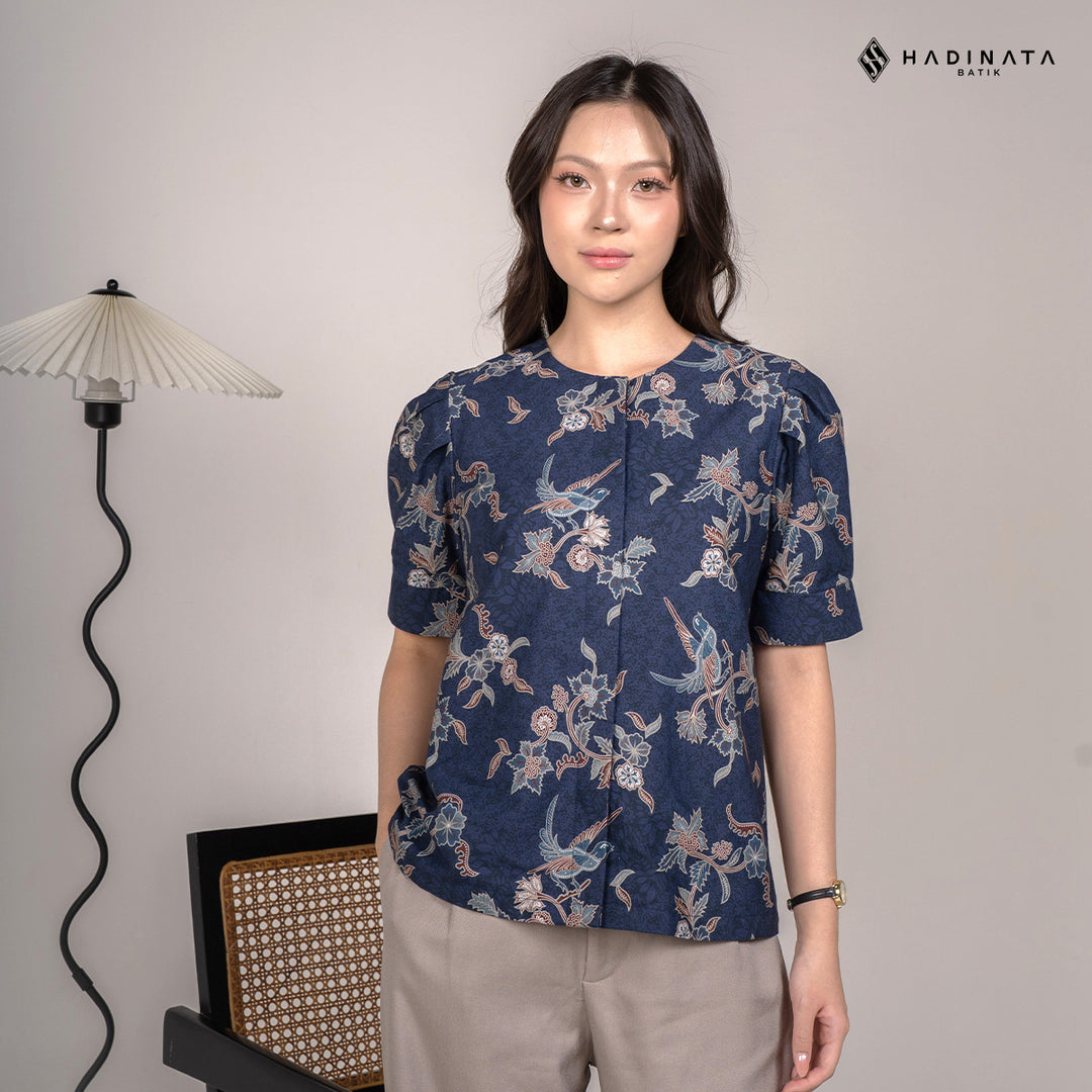 Hadinata Batik Premium Blouse Batik Wanita Lengan Pendek Superfine Rinanti Navy
