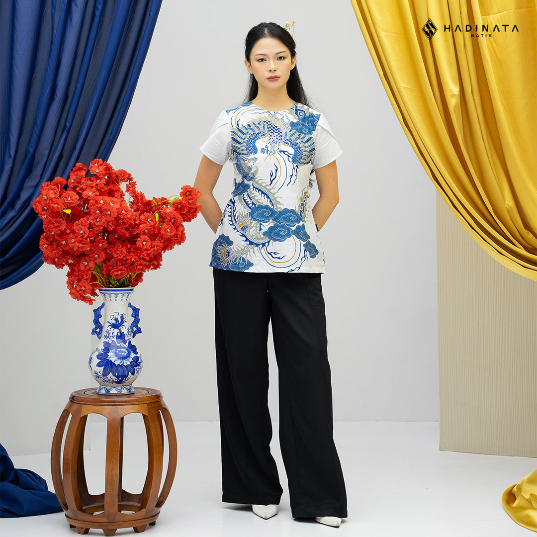 Hadinata Batik Premium Blouse Batik Wanita Lengan Pendek Superfine Bhawana White