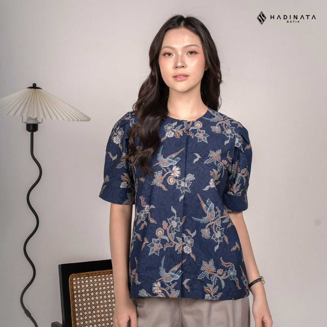 Hadinata Batik Premium Blouse Batik Wanita Lengan Pendek Superfine Rinanti Navy
