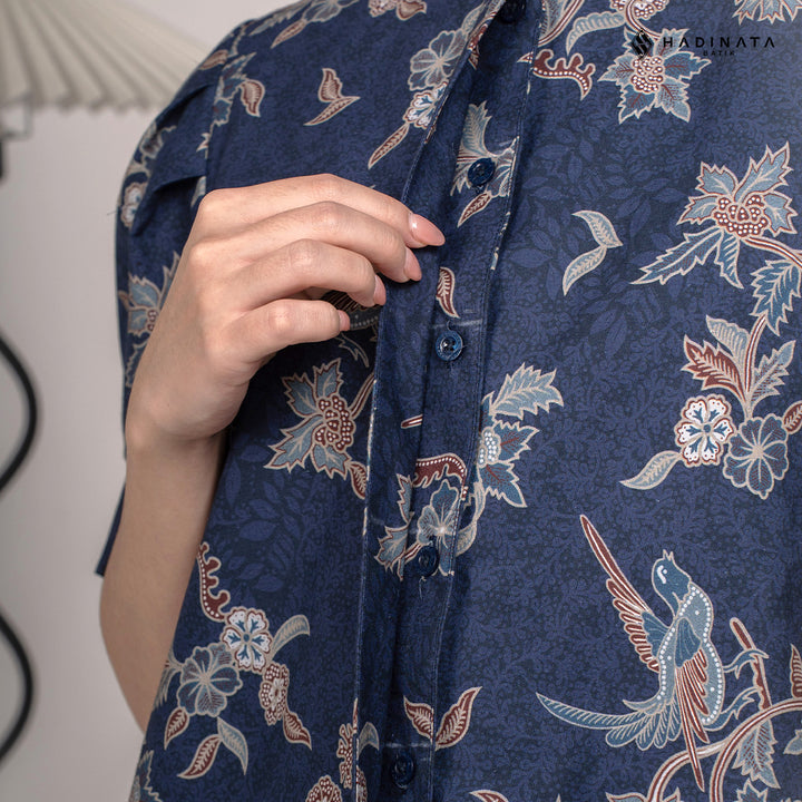 Hadinata Batik Premium Blouse Batik Wanita Lengan Pendek Superfine Rinanti Navy