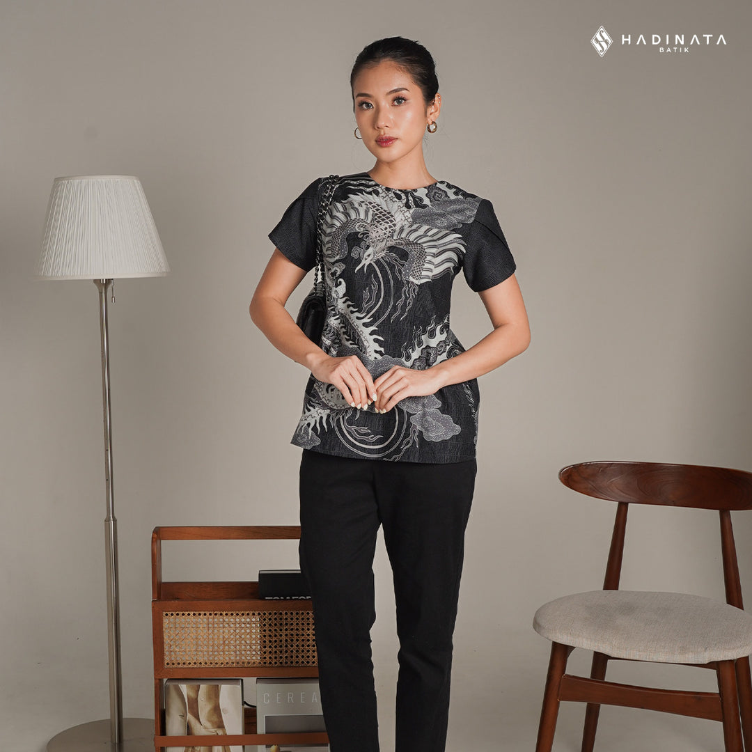 Hadinata Batik Premium Blouse Batik Wanita Lengan Pendek Superfine Bhawana Black