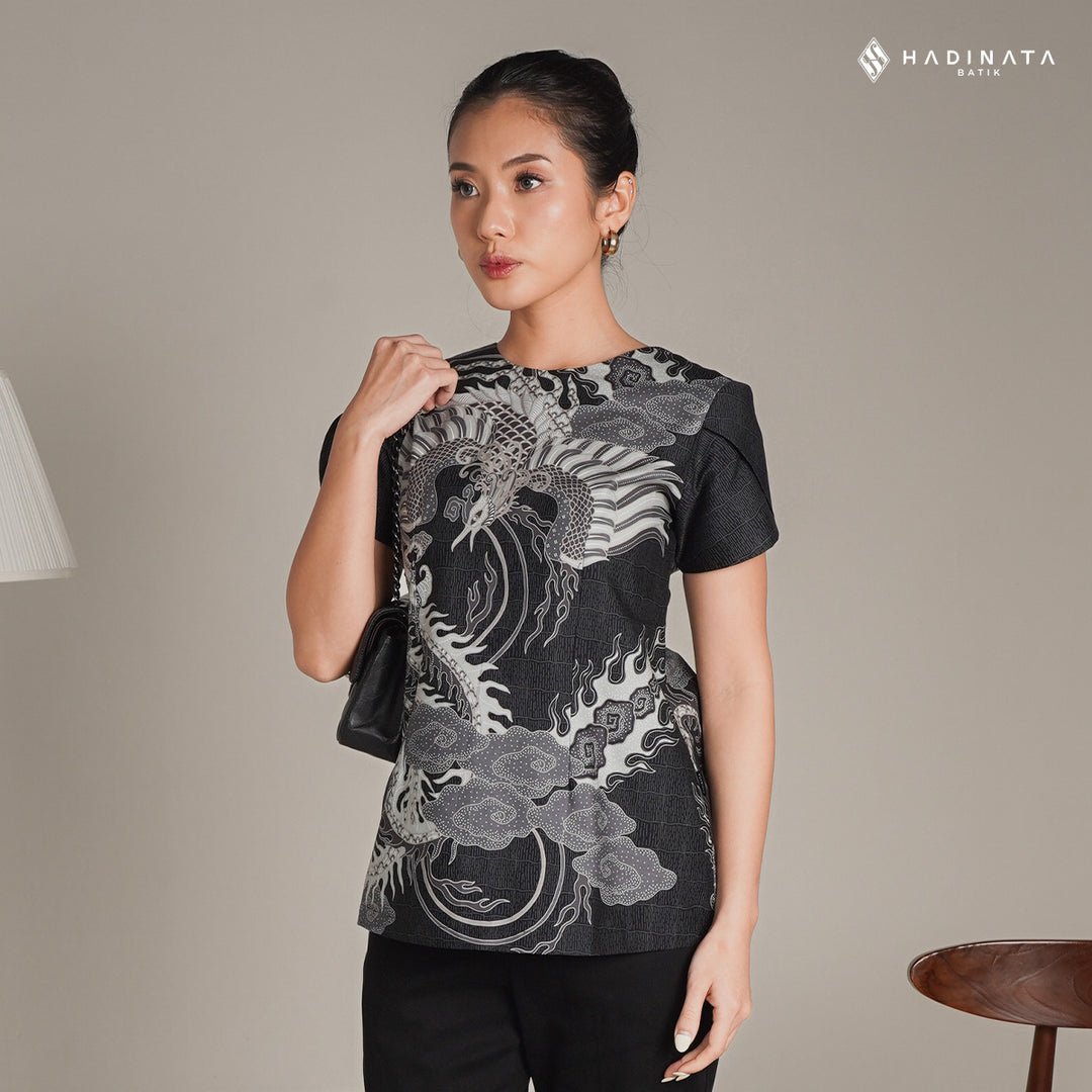 Hadinata Batik Premium Blouse Batik Wanita Lengan Pendek Superfine Bhawana Black