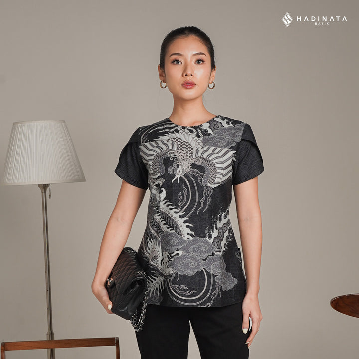 Hadinata Batik Premium Blouse Batik Wanita Lengan Pendek Superfine Bhawana Black