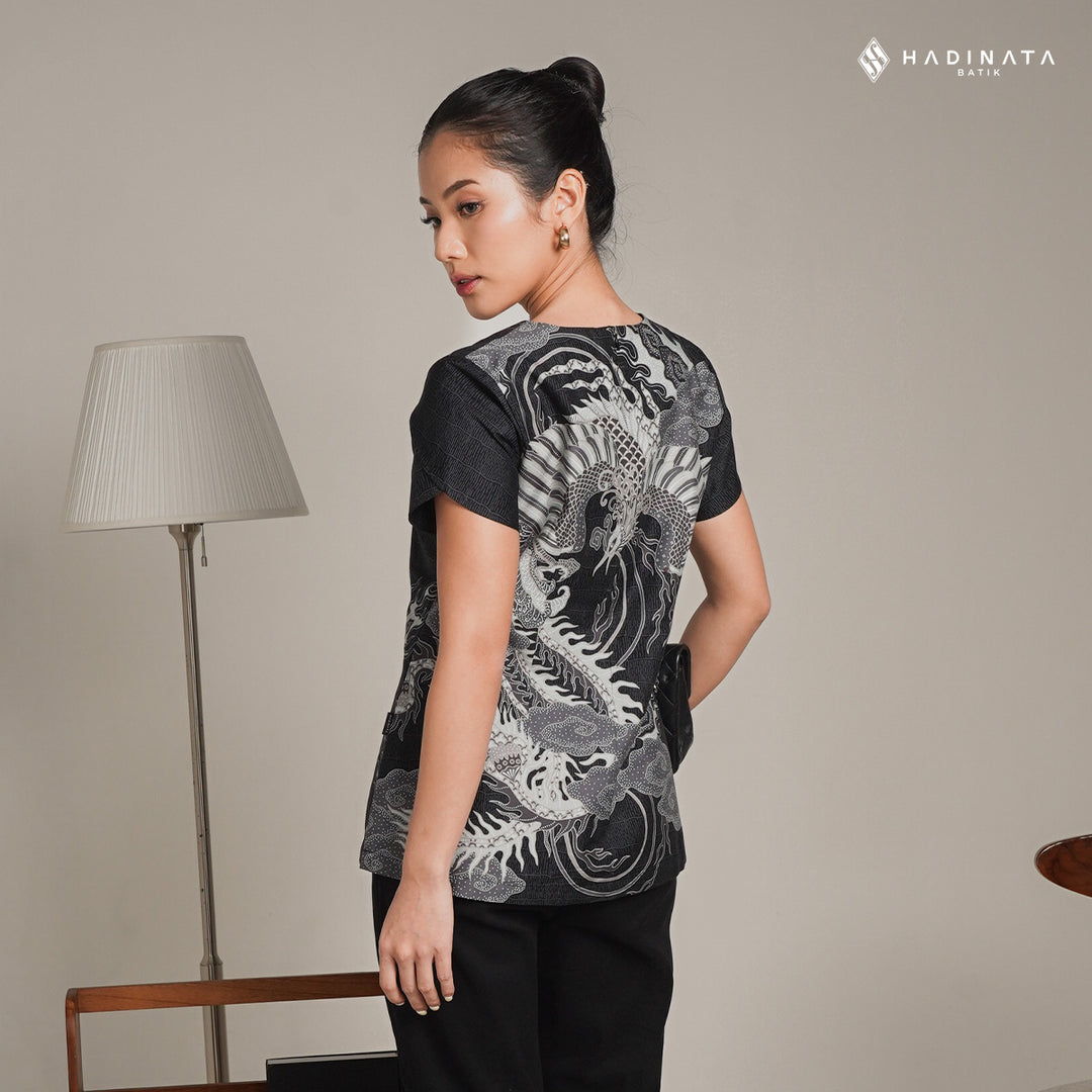 Hadinata Batik Premium Blouse Batik Wanita Lengan Pendek Superfine Bhawana Black