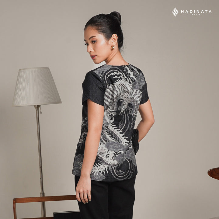 Hadinata Batik Premium Blouse Batik Wanita Lengan Pendek Superfine Bhawana Black