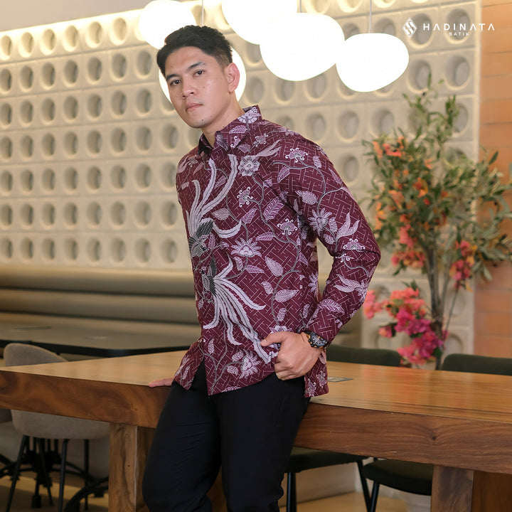 Hadinata Batik Premium Kemeja Batik Pria Lengan Panjang Superfine Furing Klarsa Maroon