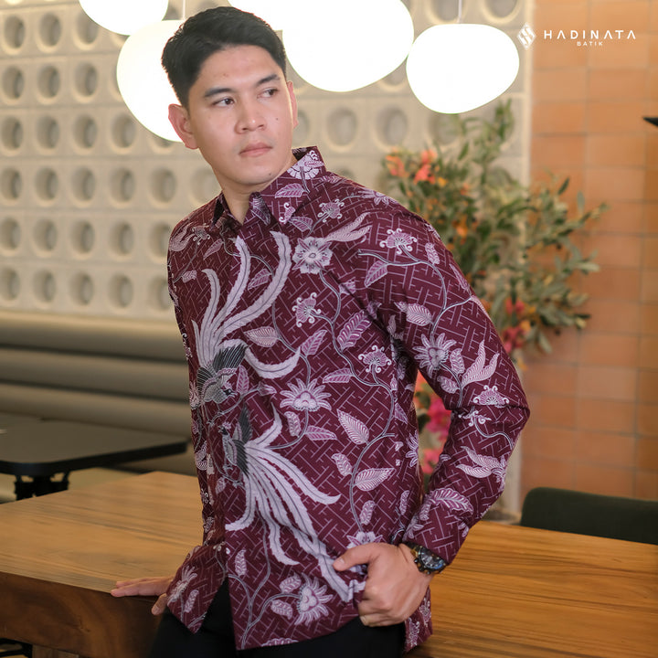 Hadinata Batik Premium Kemeja Batik Pria Lengan Panjang Superfine Furing Klarsa Maroon