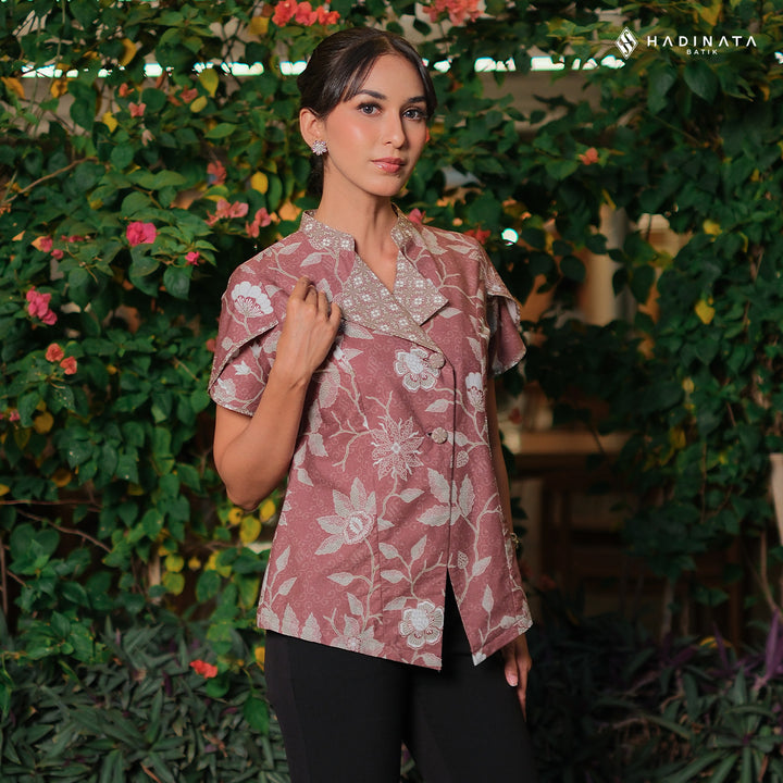Hadinata Batik Premium Blouse Batik Wanita Lengan Pendek Superfine Sherenia Maroon