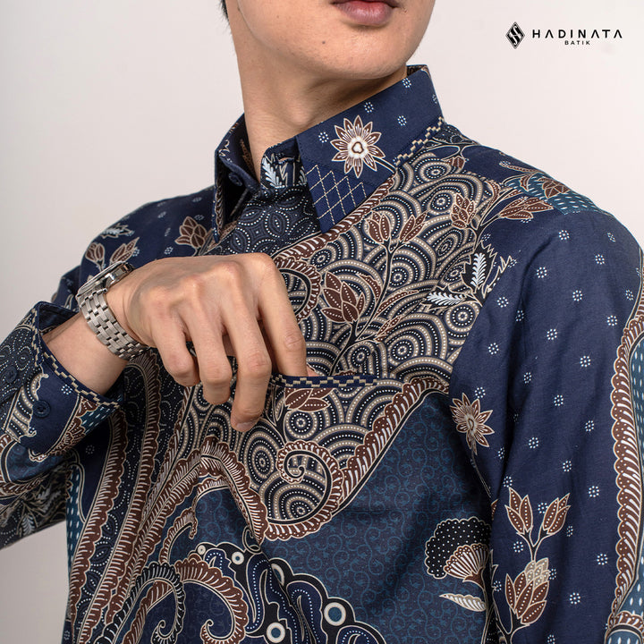 Hadinata Embroidery Batik Kemeja Panjang Omkara Navy