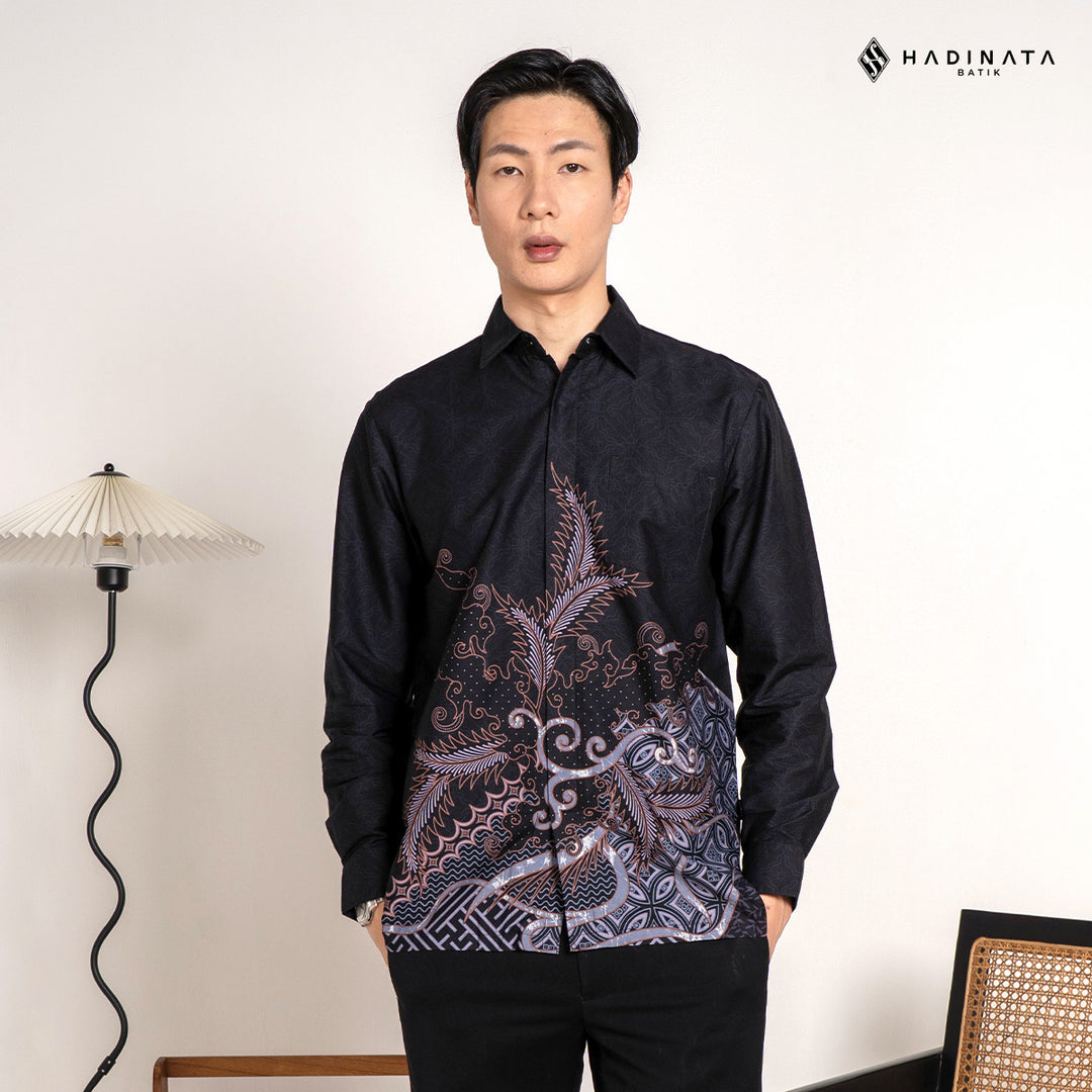 Hadinata Batik Premium Kemeja Batik Pria Lengan Panjang Superfine Furing Datura Black