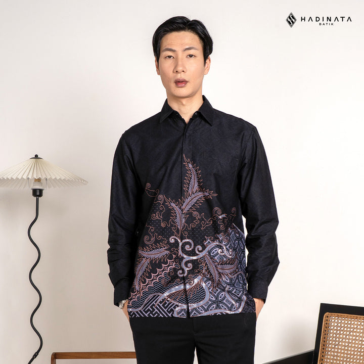 Hadinata Batik Premium Kemeja Batik Pria Lengan Panjang Superfine Furing Datura Black