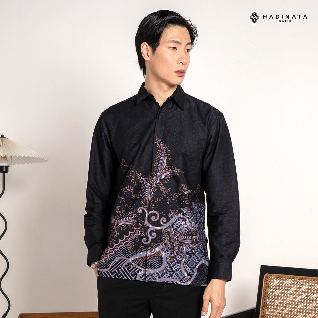Hadinata Batik Premium Kemeja Batik Pria Lengan Panjang Superfine Furing Datura Black