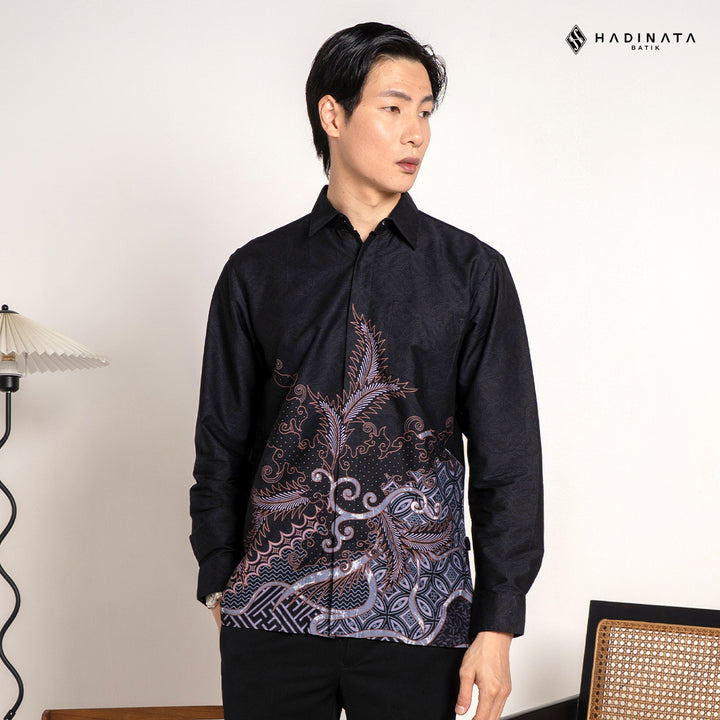 Hadinata Batik Premium Kemeja Batik Pria Lengan Panjang Superfine Furing Datura Black