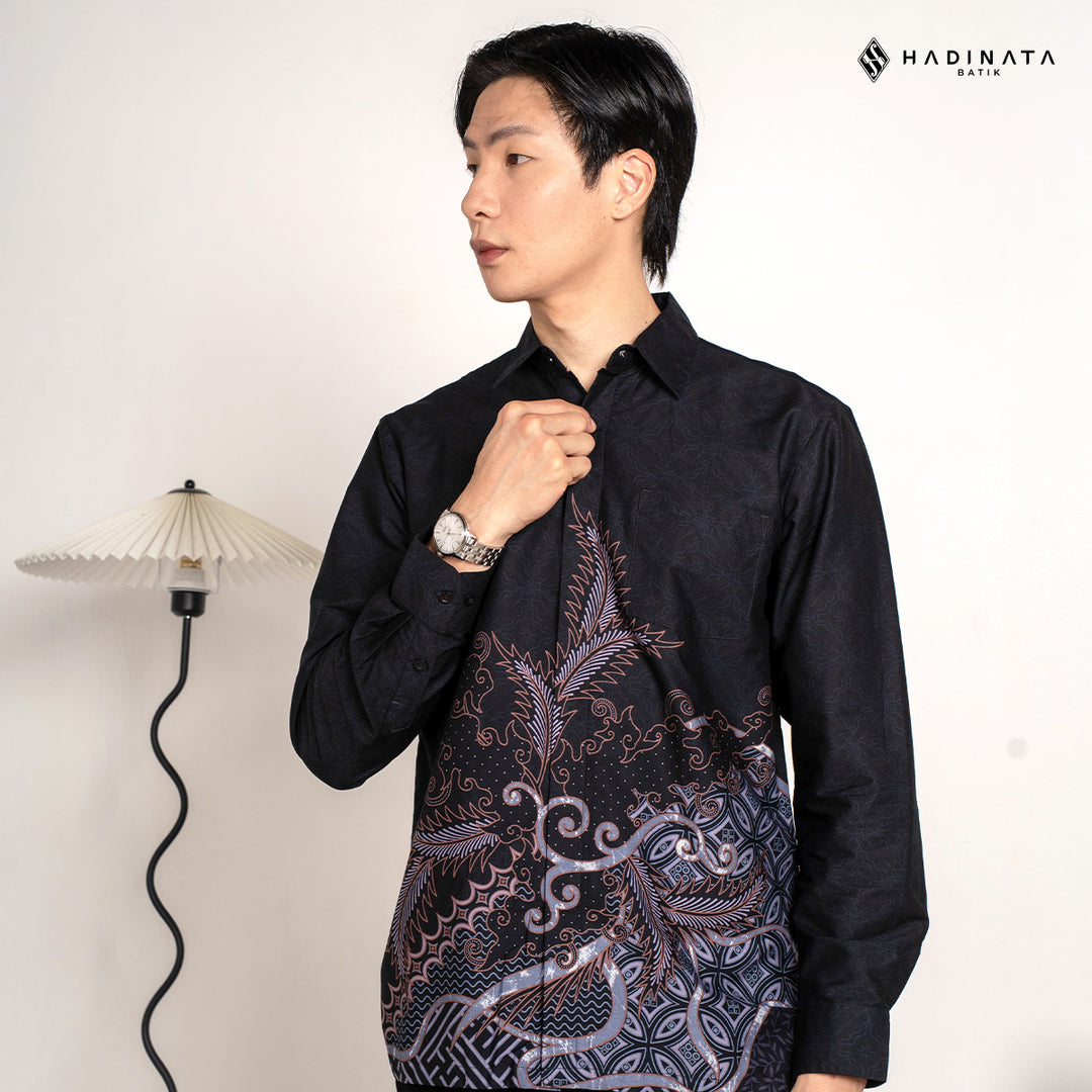 Hadinata Batik Premium Kemeja Batik Pria Lengan Panjang Superfine Furing Datura Black