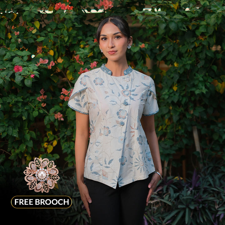 Hadinata Batik Premium Blouse Batik Wanita Lengan Pendek Superfine Sherenia Cream
