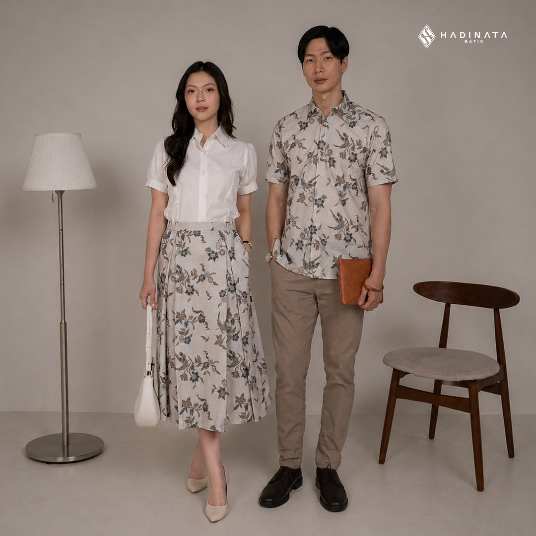 Hadinata Batik Sarimbit Set Batik Couple Rinanti Cream - Kemeja Lengan Pendek & Rok - COUPLE (KEMEJA+ROK), S - (SML) (Copy) (Copy)