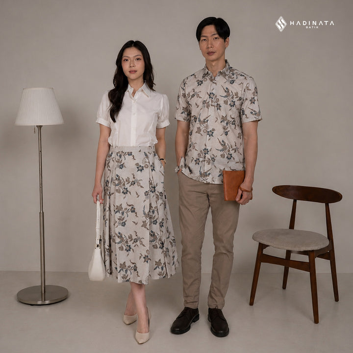 Hadinata Batik Sarimbit Set Batik Couple Rinanti Cream - Kemeja Lengan Pendek & Rok - COUPLE (KEMEJA+ROK), S - (SML) (Copy) (Copy)