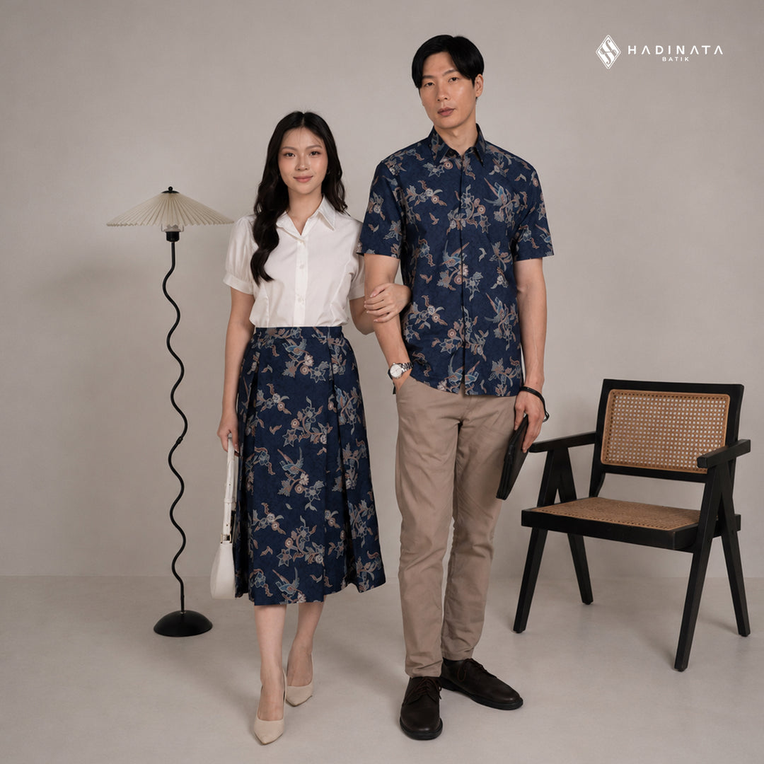 Hadinata Batik Sarimbit Set Batik Couple Rinanti Navy - Kemeja Lengan Pendek & Rok - COUPLE (KEMEJA+ROK), S - (SML) (Copy)