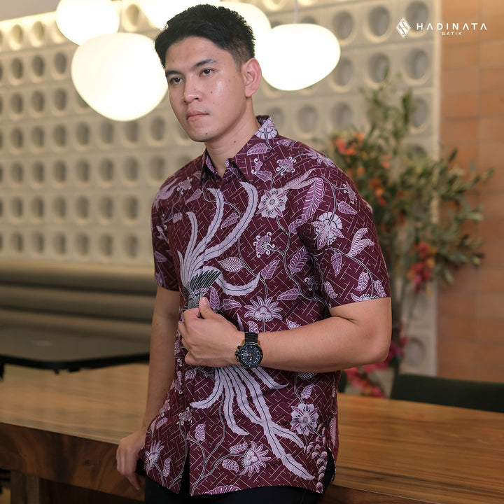 Hadinata Batik Premium Kemeja Batik Pria Lengan Pendek Superfine Klarsa Maroon