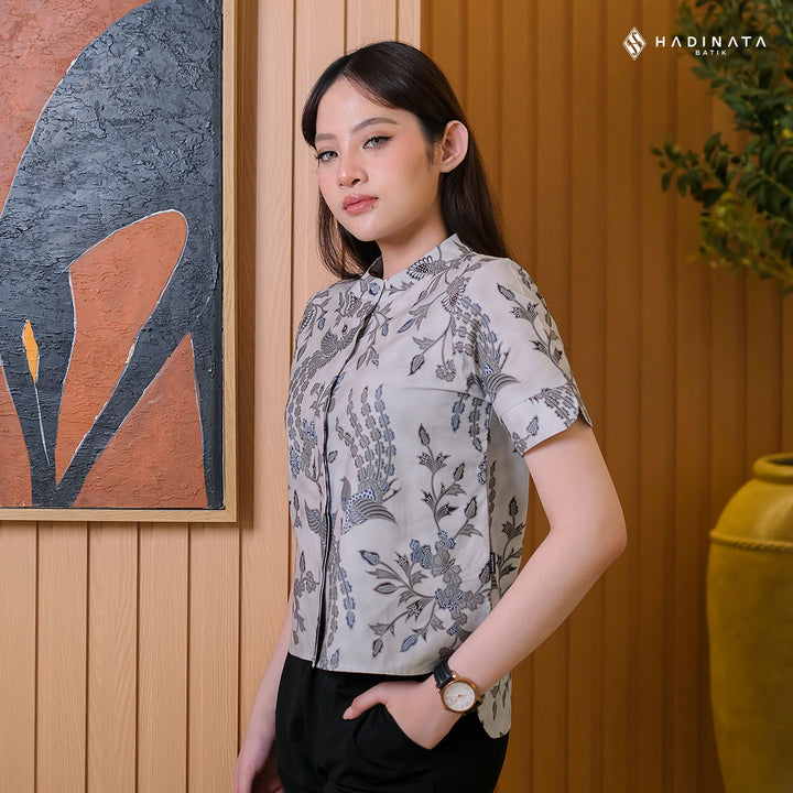 Hadinata Batik Premium Blouse Batik Wanita Lengan Pendek Superfine Wihangga Grey