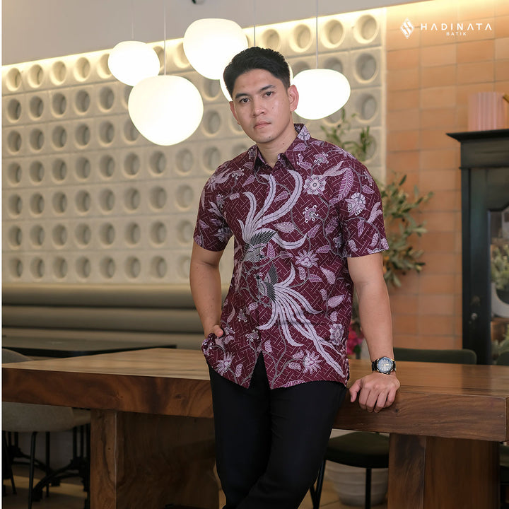 Hadinata Batik Premium Kemeja Batik Pria Lengan Pendek Superfine Klarsa Maroon