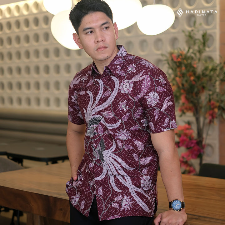 Hadinata Batik Premium Kemeja Batik Pria Lengan Pendek Superfine Klarsa Maroon