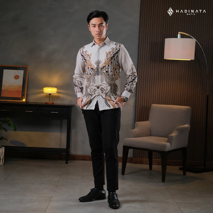 Hadinata Batik Sarimbit Set Batik Couple Gulzar Cream - Kemeja Panjang Dobby Furing & Rok Lilit