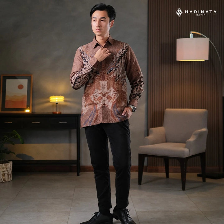 Hadinata Batik Sarimbit Set Batik Couple Gulzar Brown- Kemeja Panjang Dobby Furing & Rok Lilit