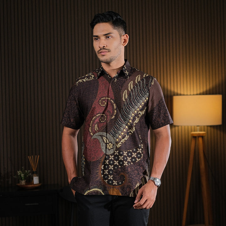 Hadinata Batik Premium Kemeja Batik Pria Lengan Pendek Superfine Deswan Maroon